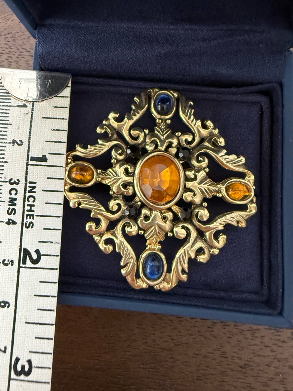1960s Filigree Brooch with Amber and Sapphire Stones - Picture 3 of 5